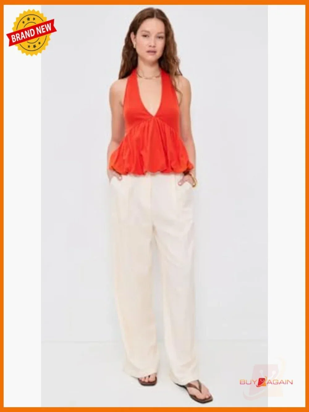 Lightweight Cotton Blend Peasant Top, Halter Neckline, Sleeveless